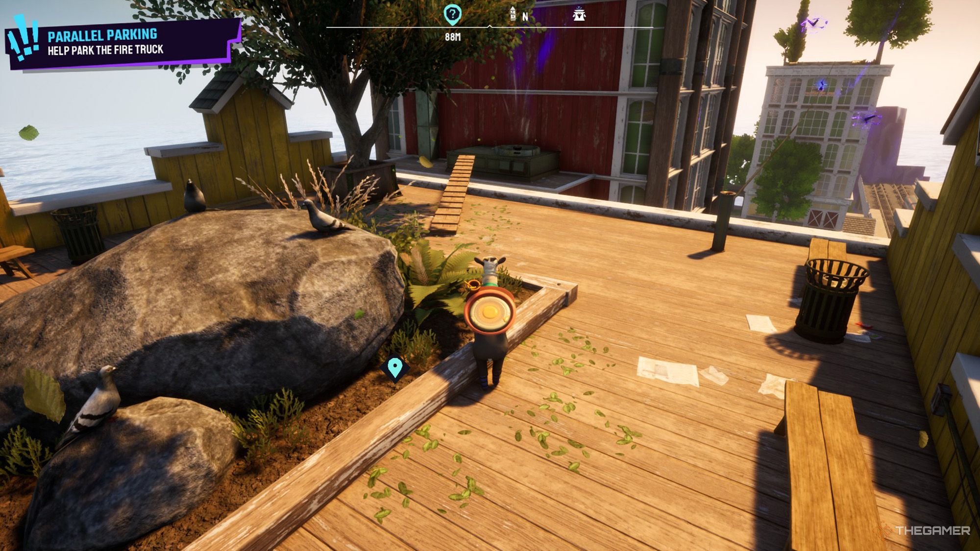 Pilgor on a roof with pidgeons on it in Goat Simulator 3.