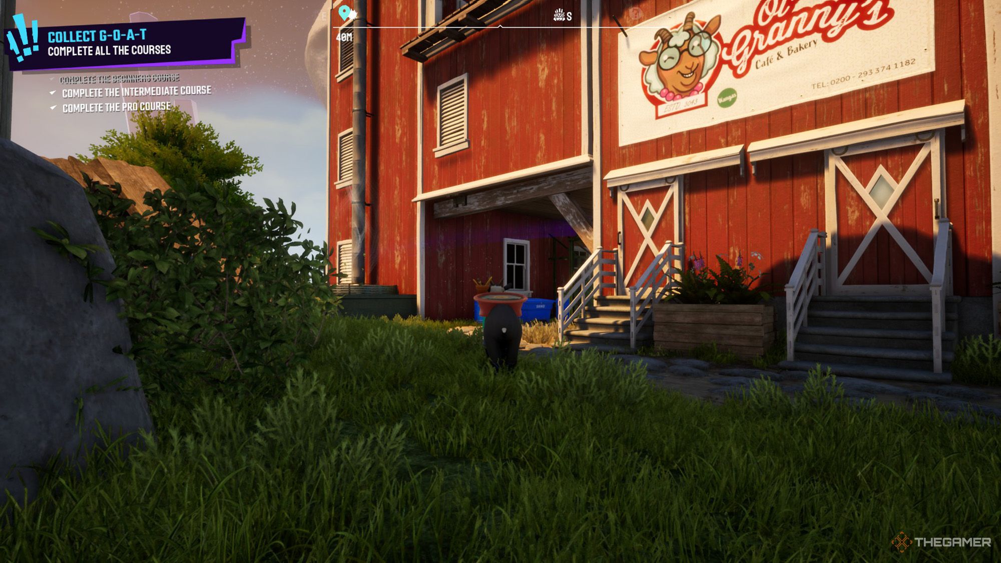 Pilgor next to a building that has Ol’ Granny's poster on it in Goat Simulator 3 Multiverse of Nonsense