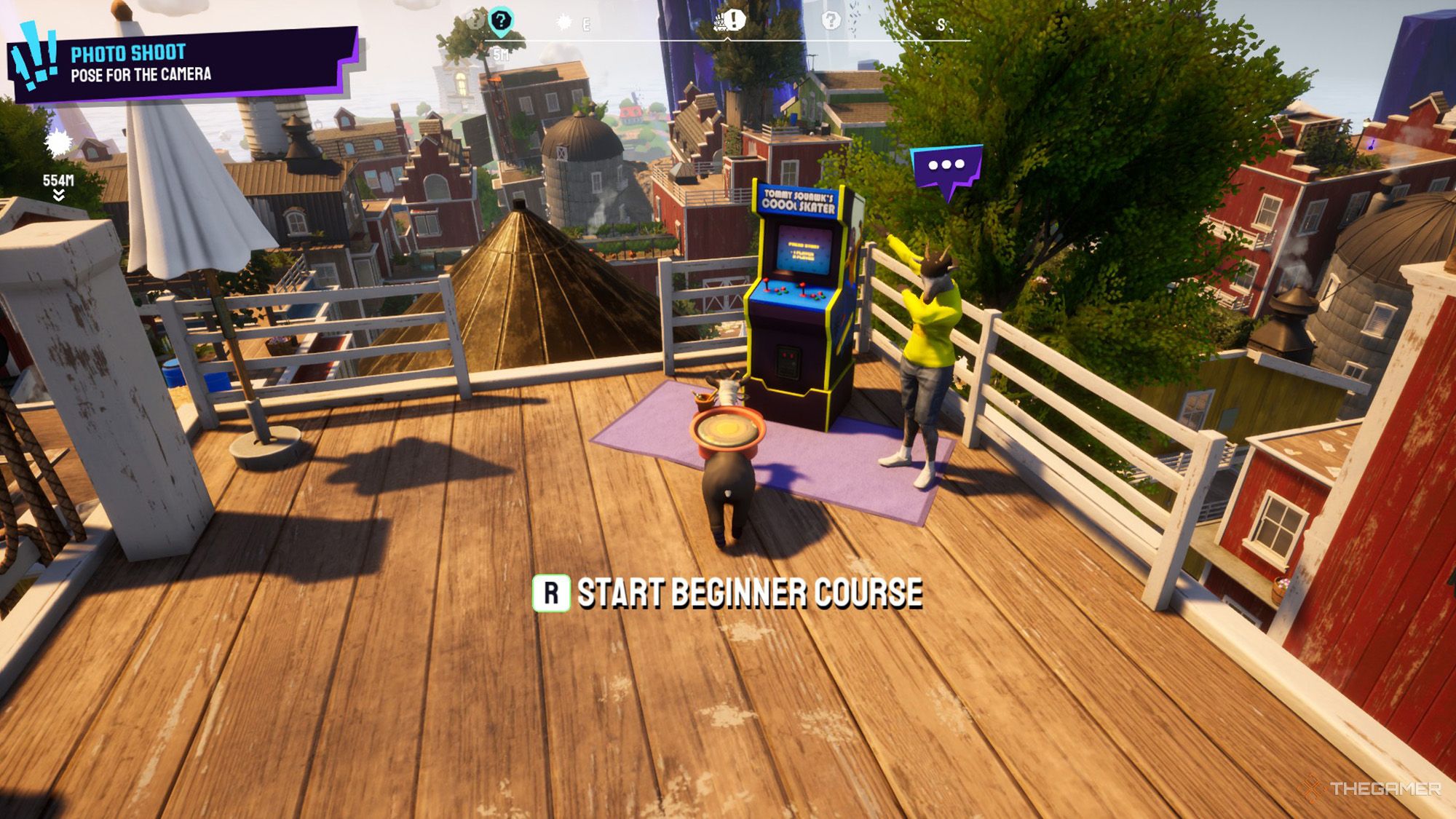Pilgor standing next to an arcade machine that locaten on a roof in Goat Simulator 3 Multiverse of Nonsense.