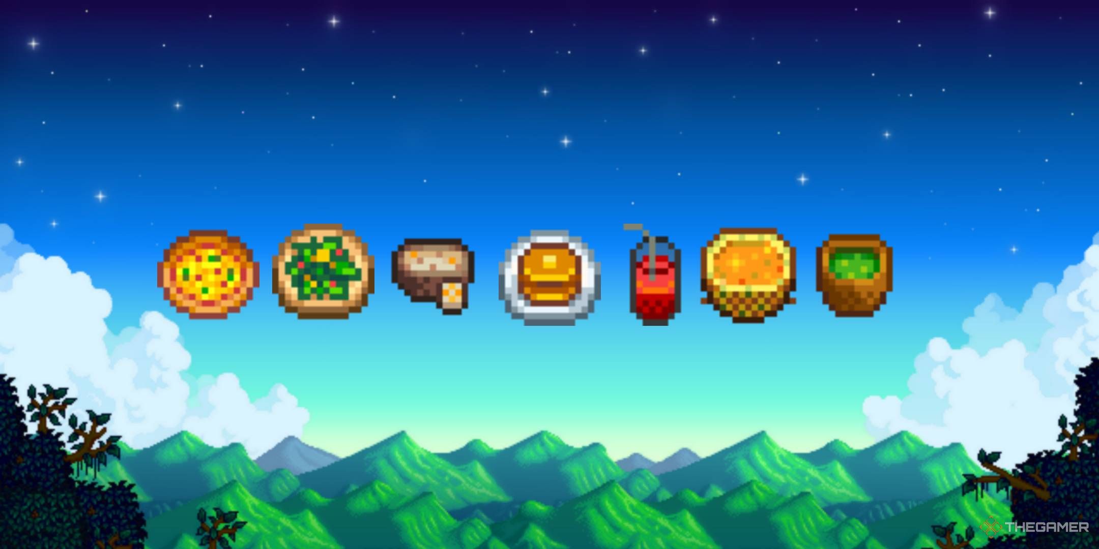 pizza, salad, chowder, pancakes, cranberry candy, tropical curry, and moss soup gourmet chef achievement stardew valley all ingredients