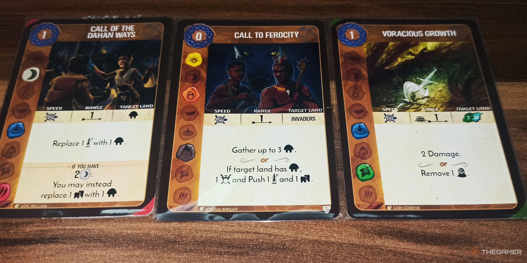 Power cards with restrictions targeting different land types are shown in Spirit Island