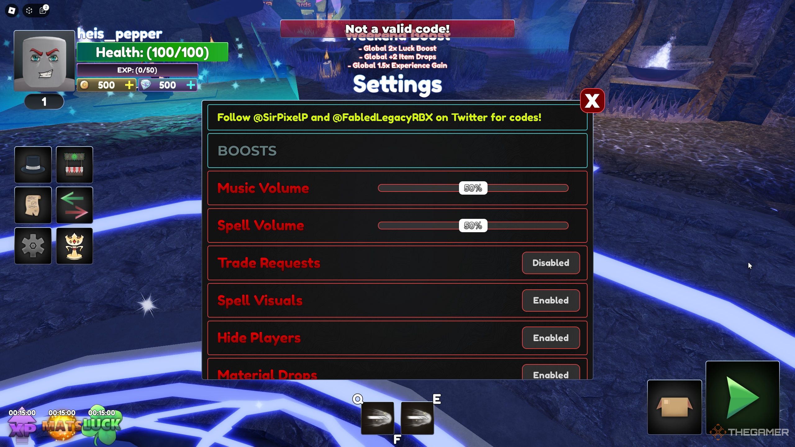 The settings menu is open in Fabled Legacy on Roblox, while the code is invalid due to an extra space at the end