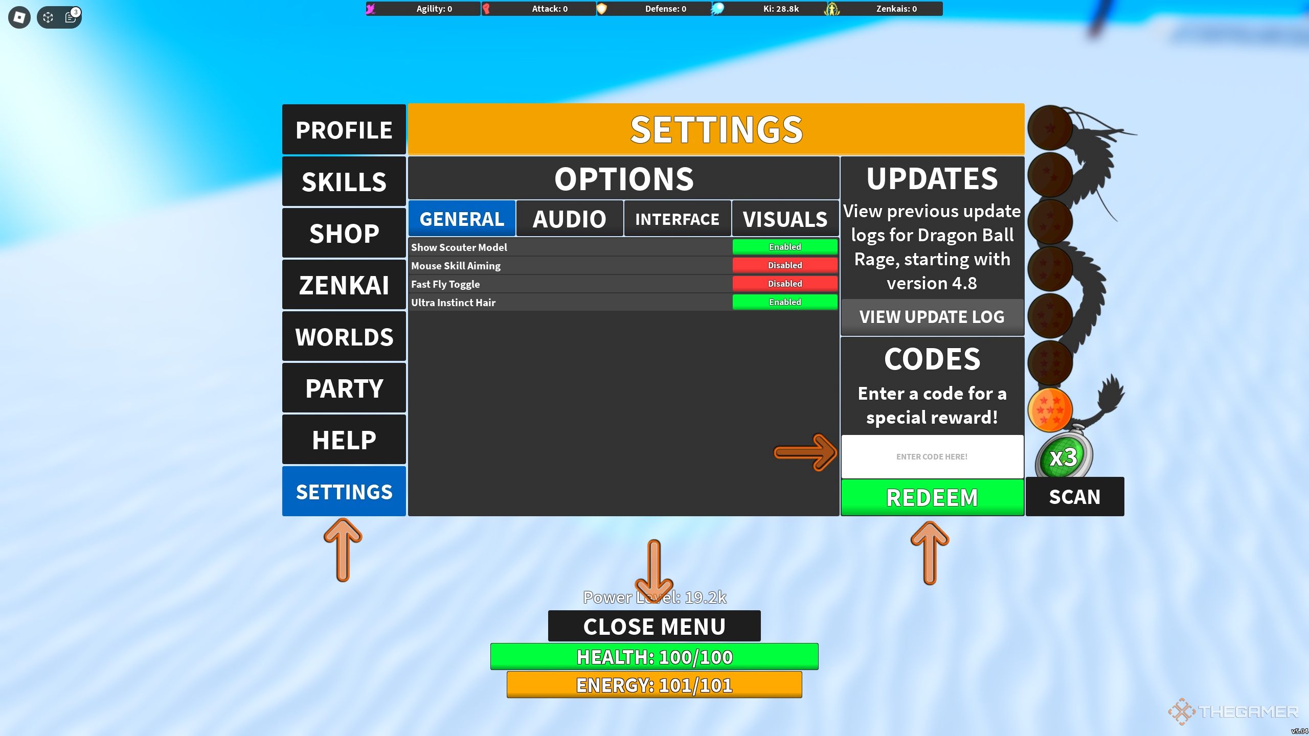 the settings menu in Dragon Ball Rage on Roblox
