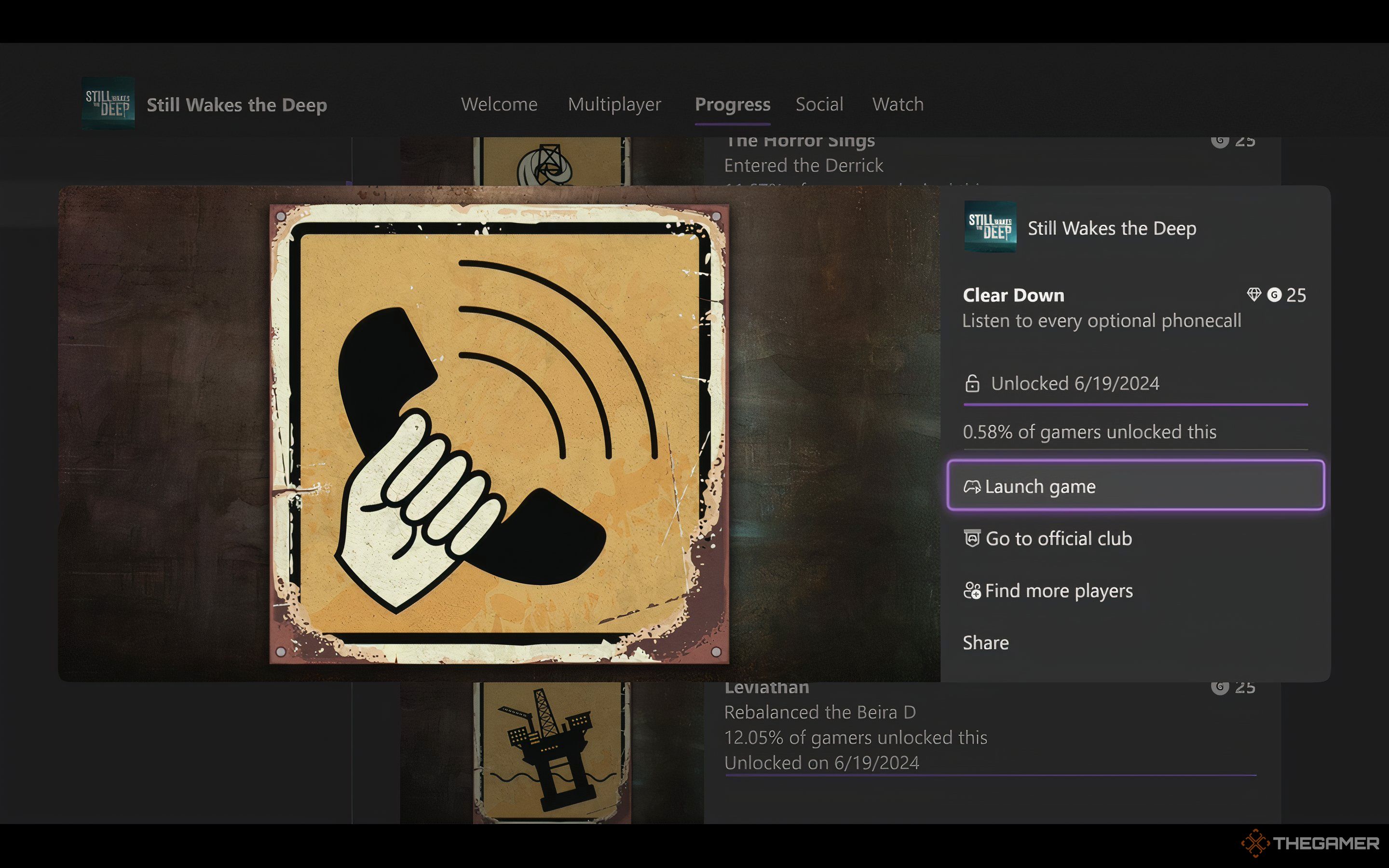 Screenshot of the Clear Down Achievement artwork, a hand holding a phone, for Still Wakes The Deep.
