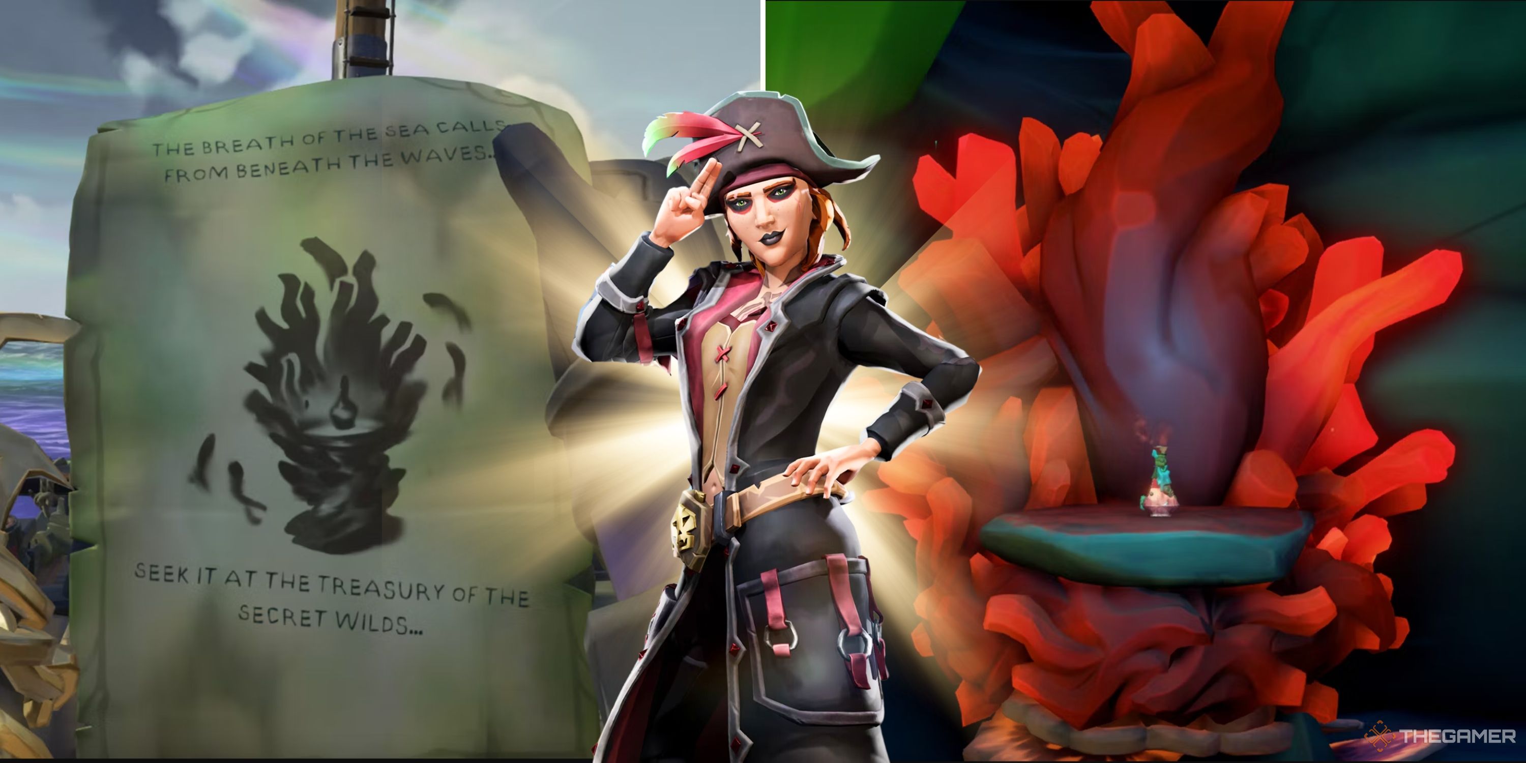 Collage image of a old paper clue, an item on a coral ledge, and a saluting pirate woman from Sea of Thieves
