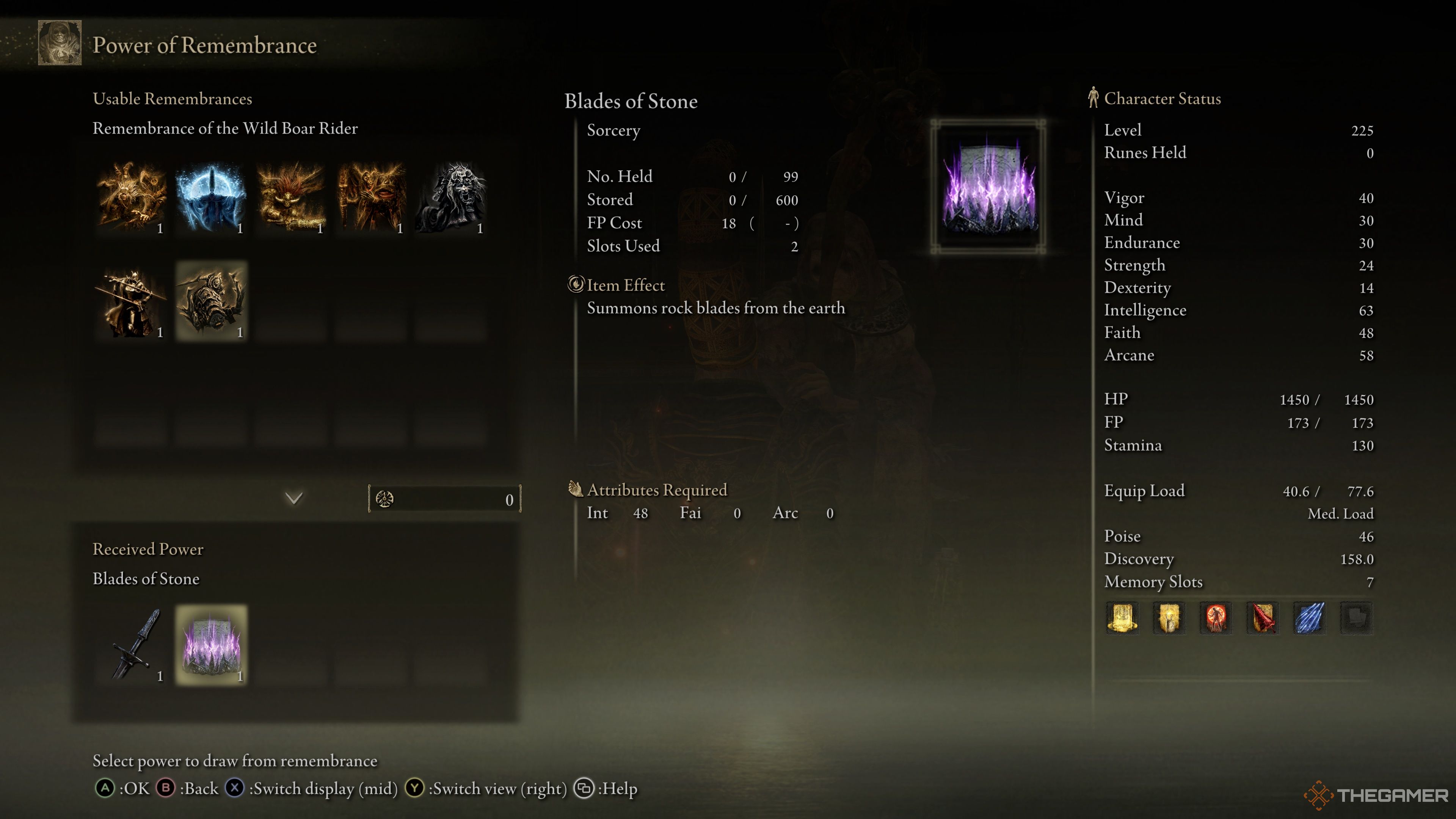Blades Of Stone in the Remembrance exchange menu in Elden Ring.