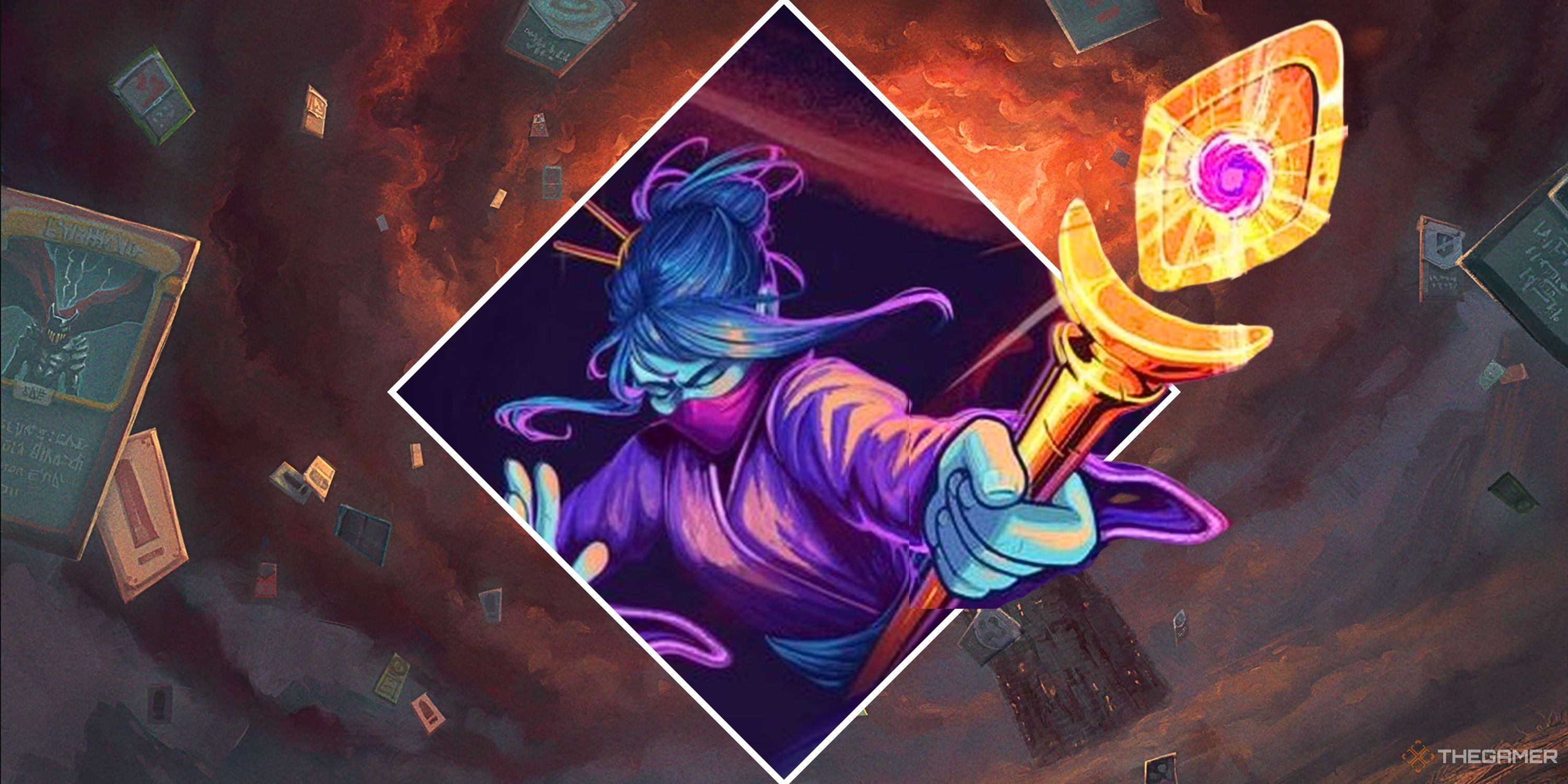 Collage image featuring the Slay the Spire cover art with The Watcher holding her staff coming out of a cutout diamond