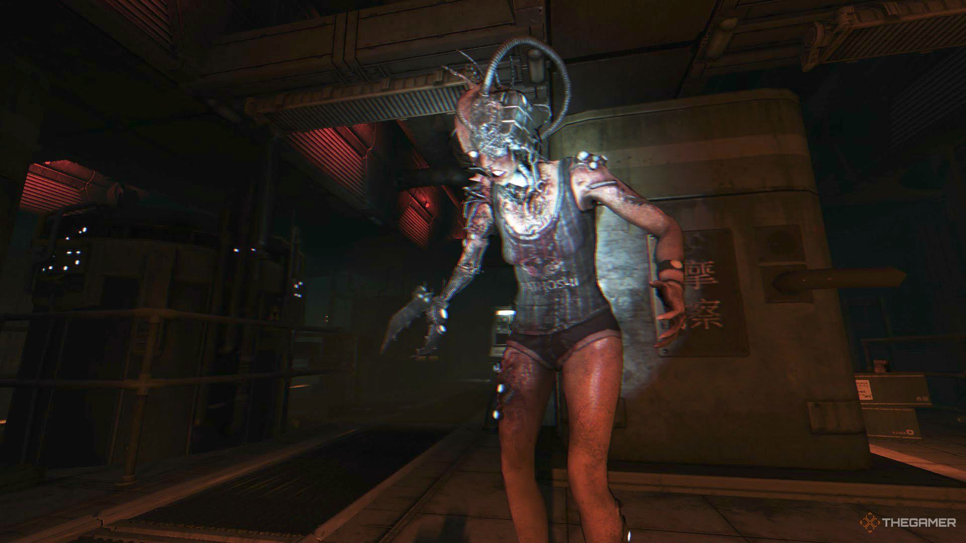 A robotic enemy with a tube sticking out of its head in Soma.
