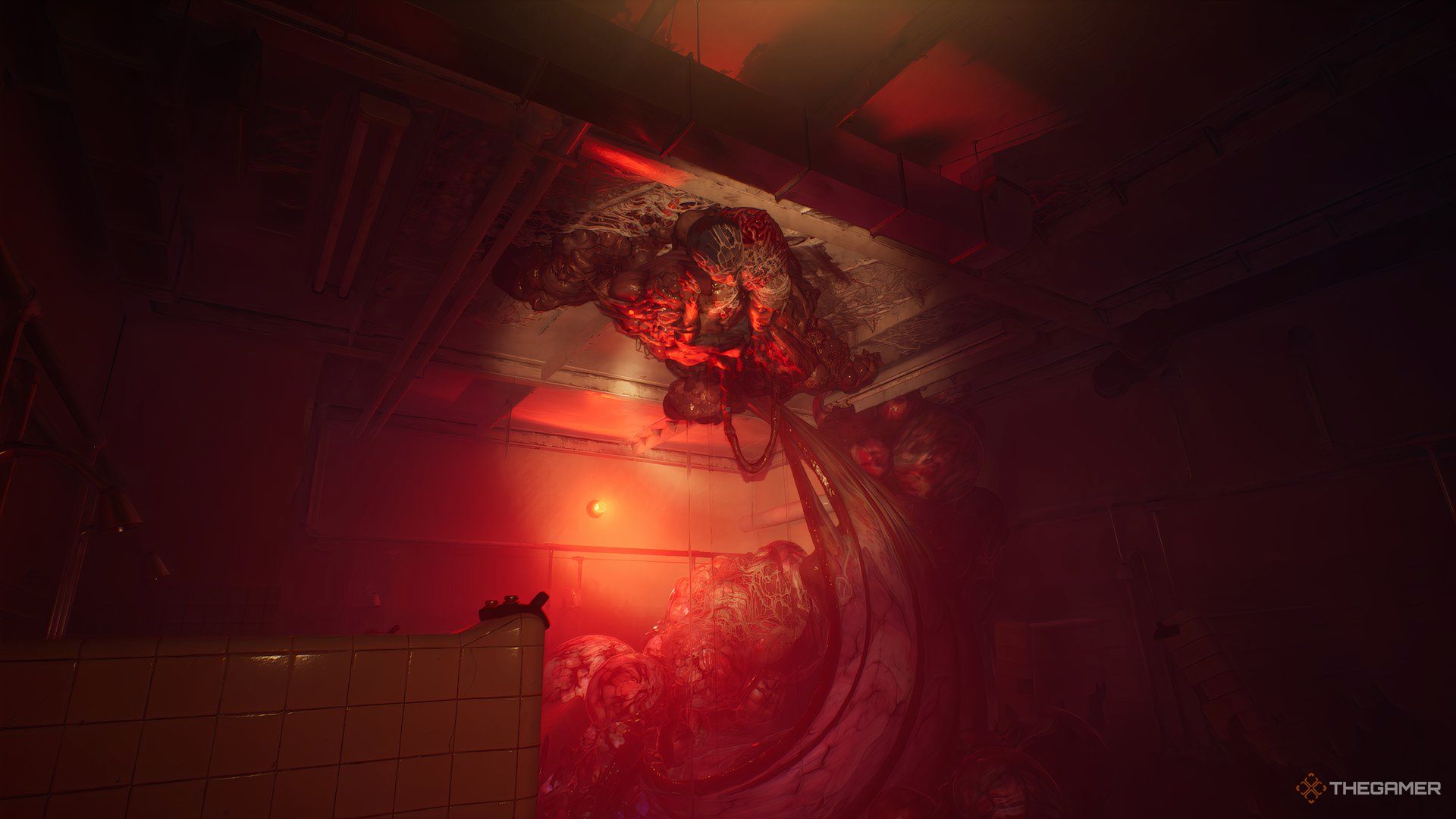 Ceiling of shower room, dead crew member pinned to the ceiling, body torn apart and fused with the evil ribbons of flesh in Still Wakes The Deep.