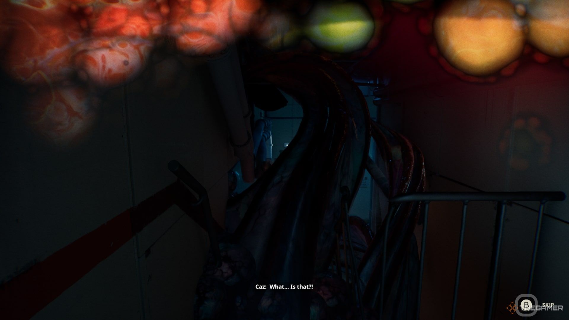 Still Wakes The Deep Caz Looking At Otherwordly Tendrils Inside The Rig Quarters With A Weird Screen Effect, Wondering What They Are