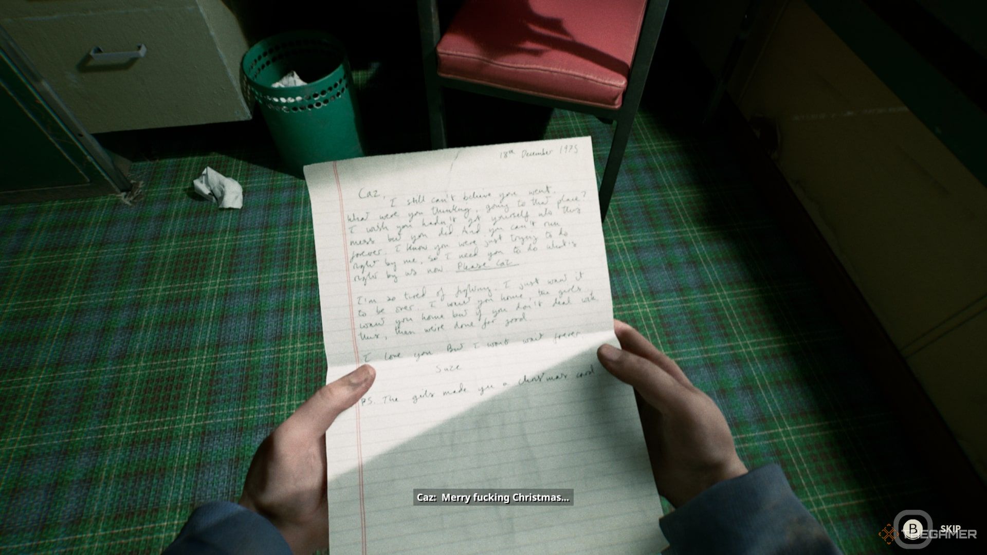 Still Wakes The Deep Caz Looking At Suze's Letter And Saying Merry F'ing Christmas