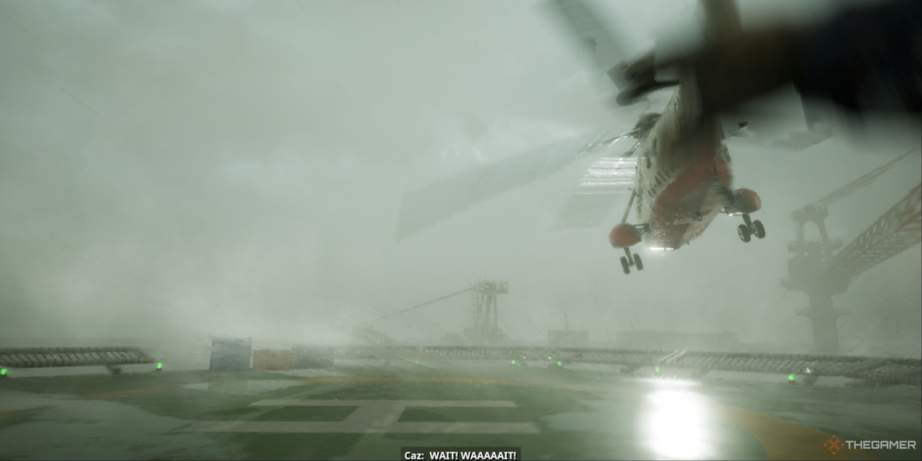 Still Wakes The Deep Rennick's Helicopter Flying Away From The Rig As Caz Shouts For Them To Wait