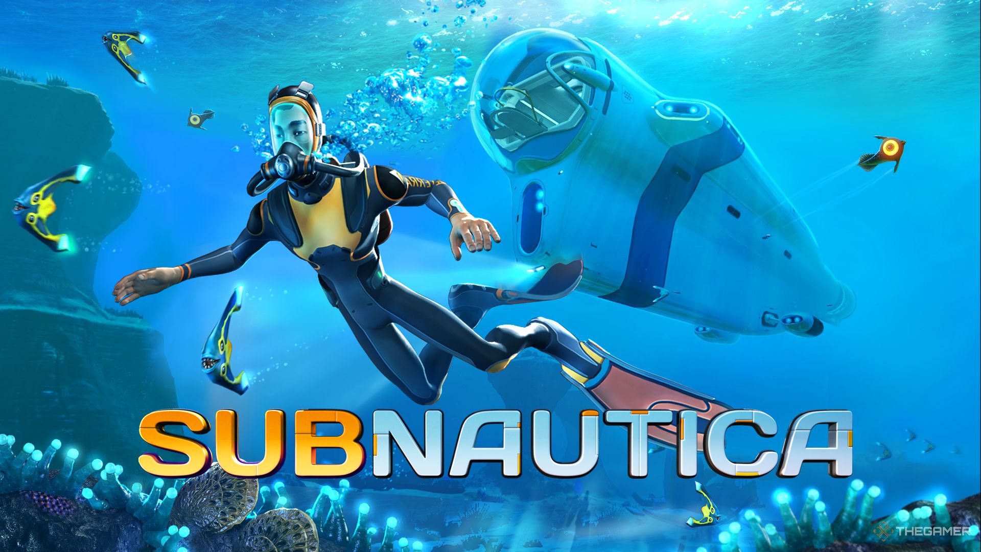 Key art showing a diver flanked by a submarine in Subnautica.