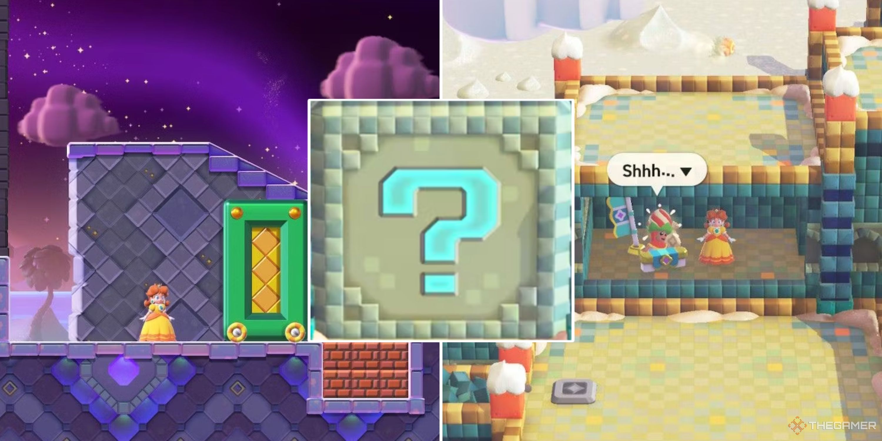 Super Mario Wonder Question Mark square over a split image showing Daisey in a nighttime level and a secret shop