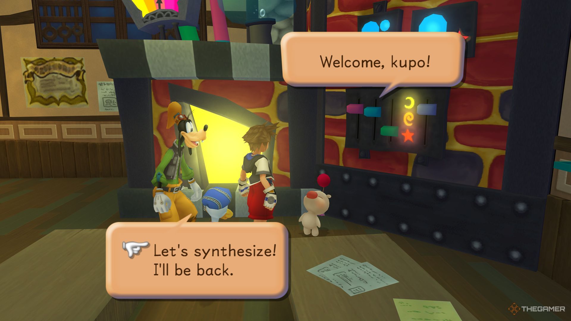 A player speaking with the Moogle in charge of Synthesis in the Item Work Shop in Kingdom Hearts Final Mix.