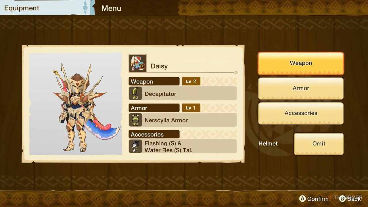 the equip screen allowing you to change gear in monster hunter stories