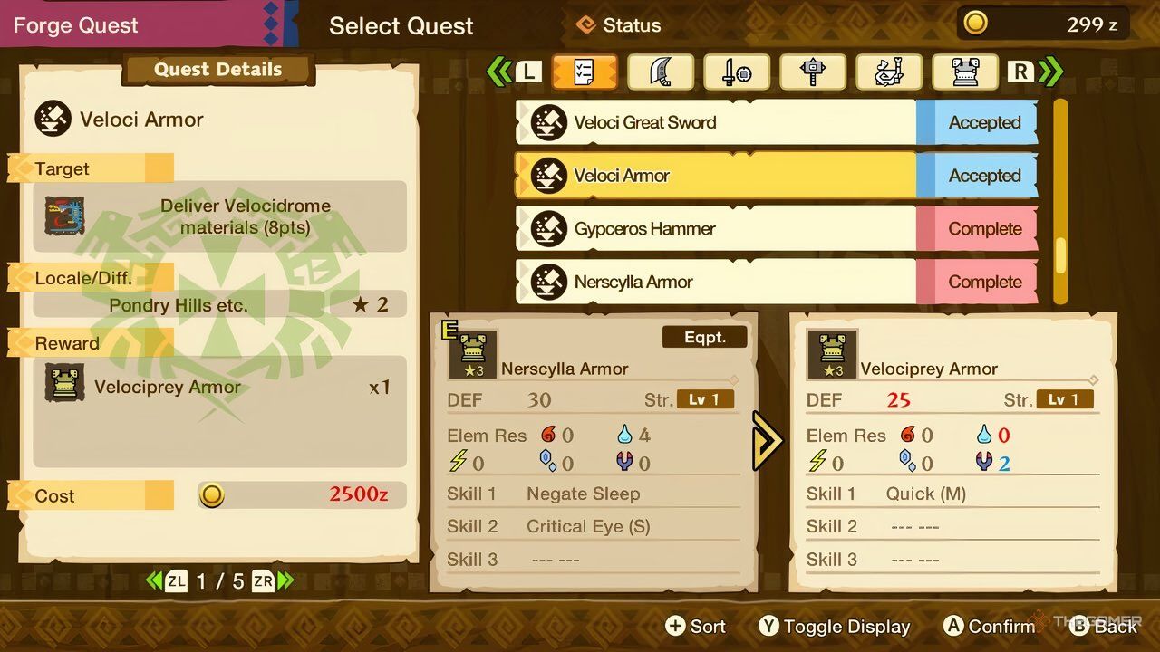 the forge request screen in gildegaran in monster hunter stories