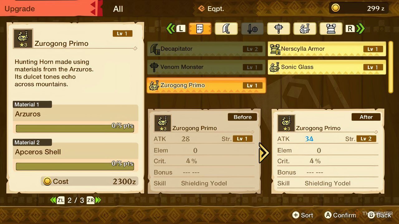 the weapon upgrade menu in monster hunter stories