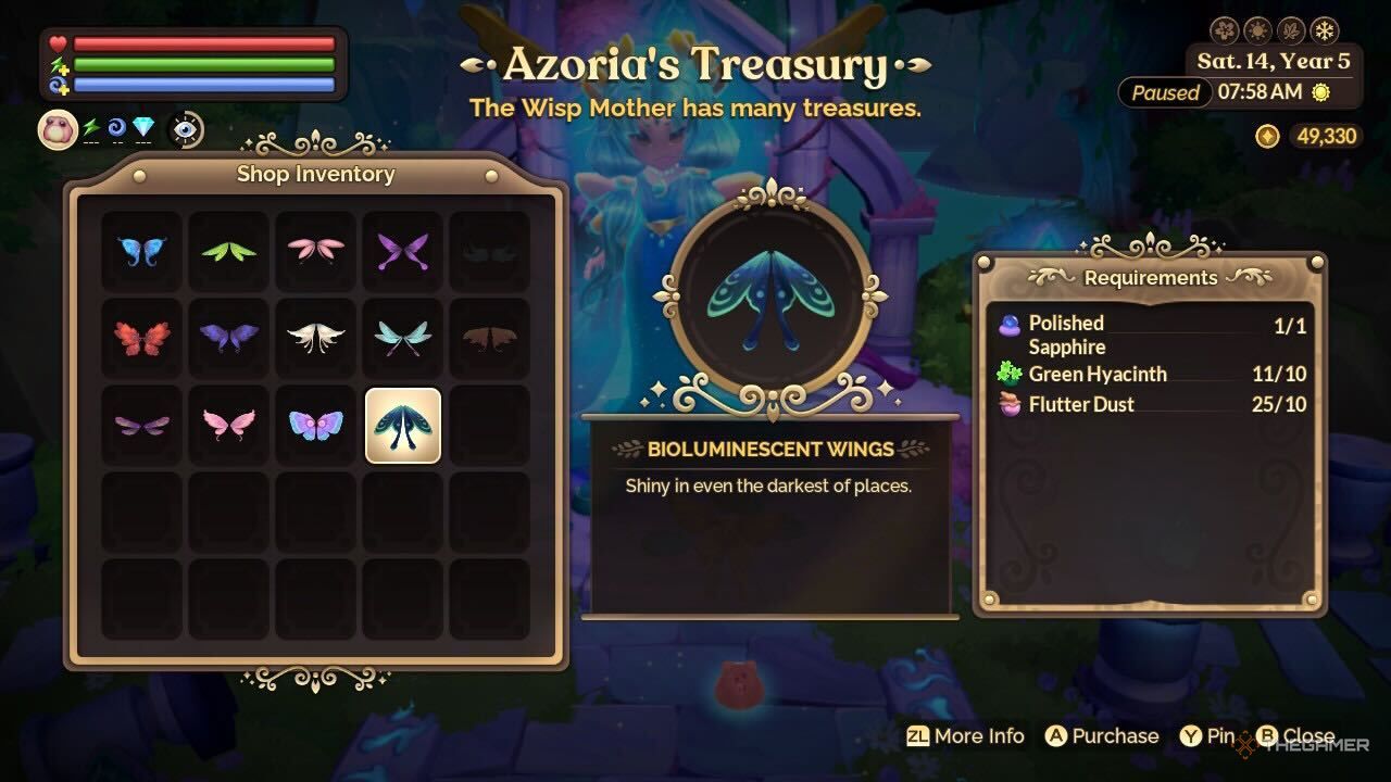 the wisp mother's shop in azoria selling new wings in fae farm