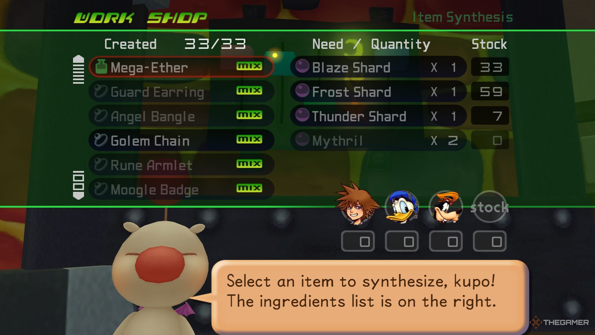 The second wave of items available for synthesis in the Item Work Shop in Kingdom Hearts Final Mix.