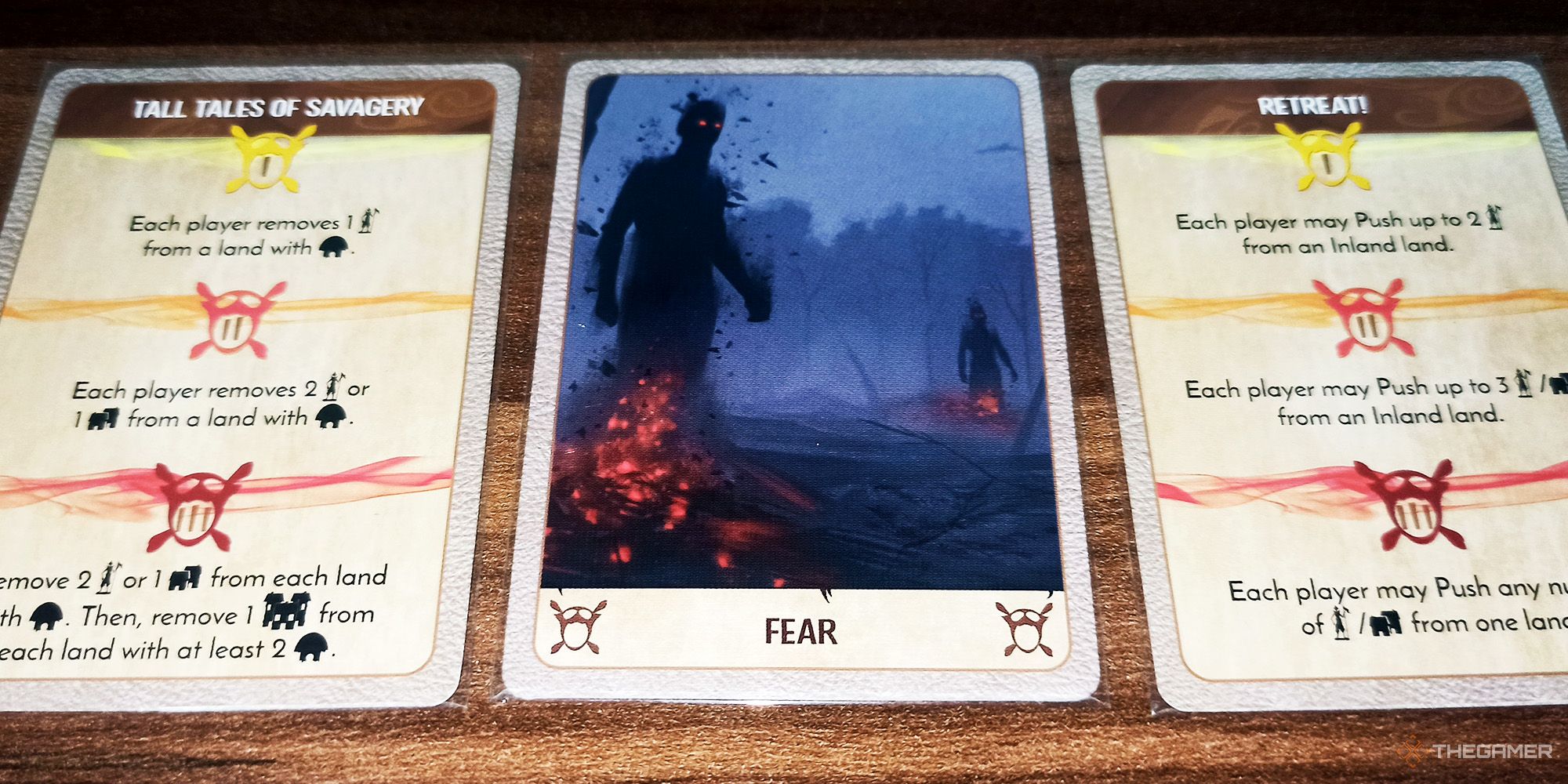 Three different Fear Card are being shown in Spirit Island