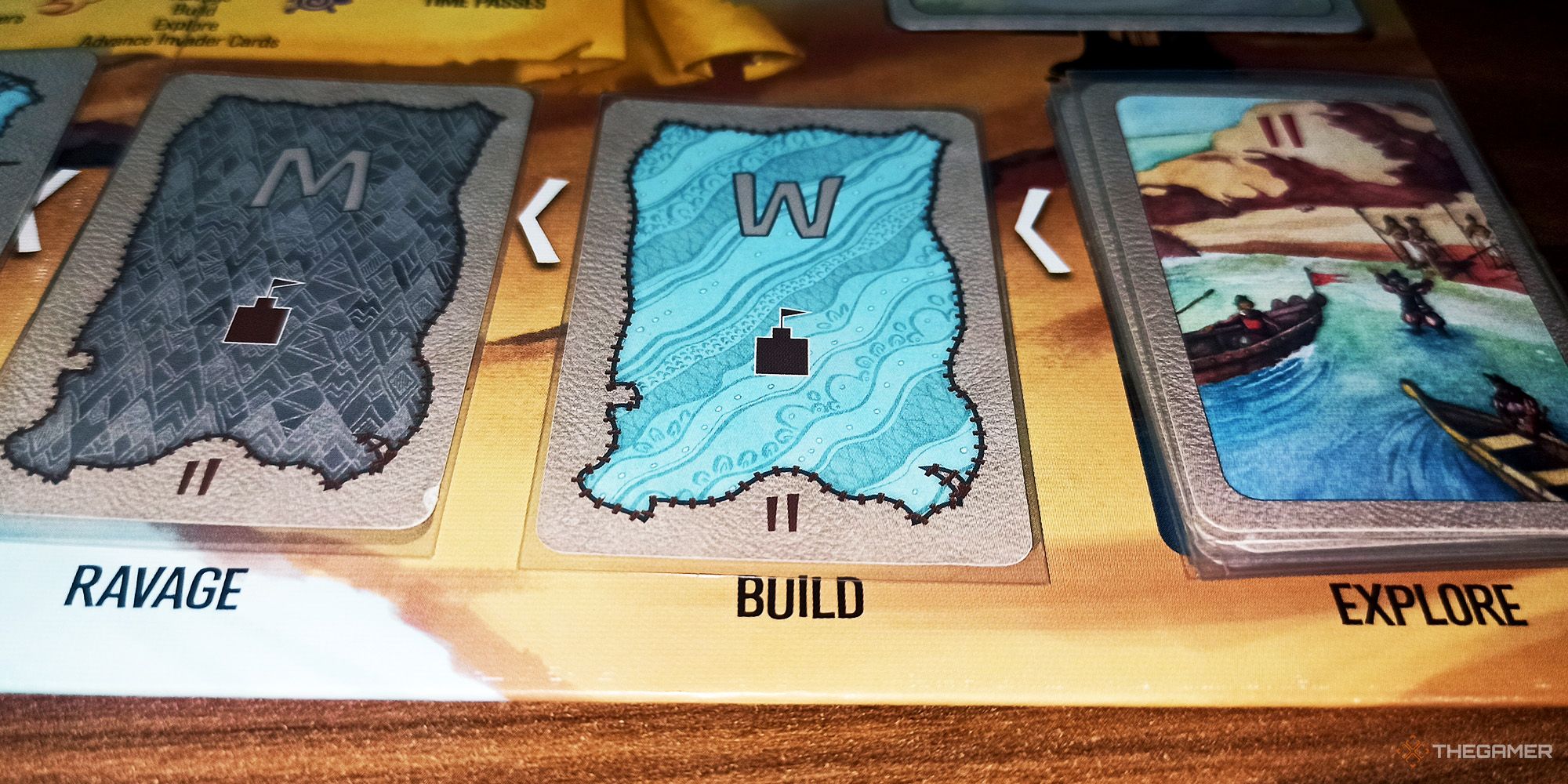 Three different Invader actions on the Invader Board are being shown in Spirit Island