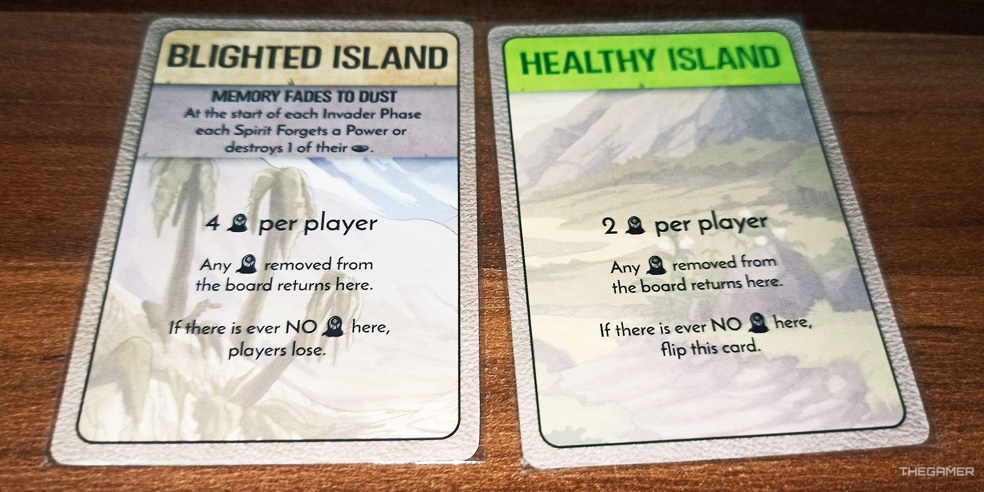 Two separate Blight cards are showing the Healthy and Blighted sides in Spirit Island