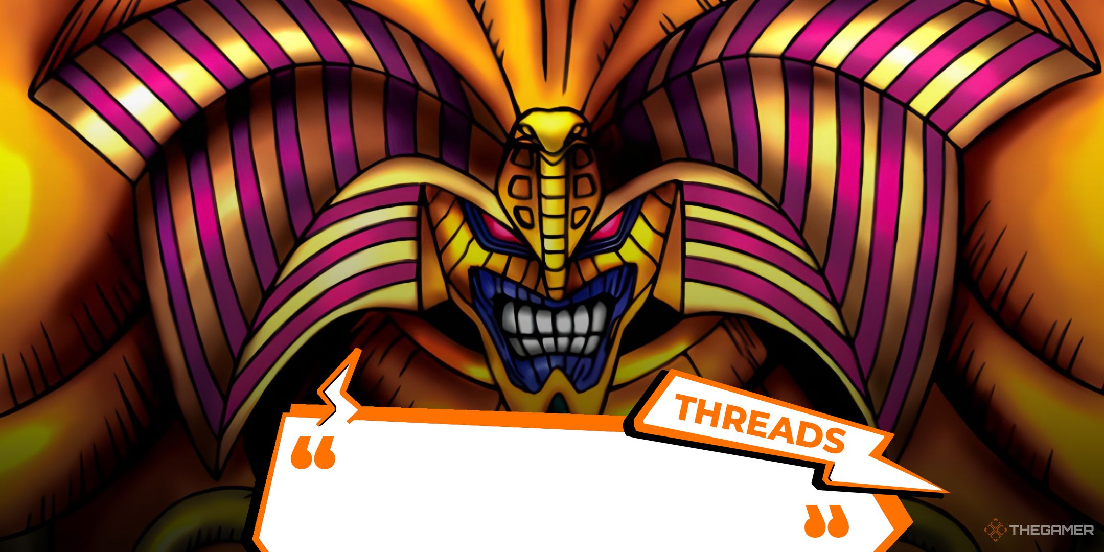 Exodia the Forbidden One from Yu-Gi-Oh, with TheGamer's Threads logo superimposed