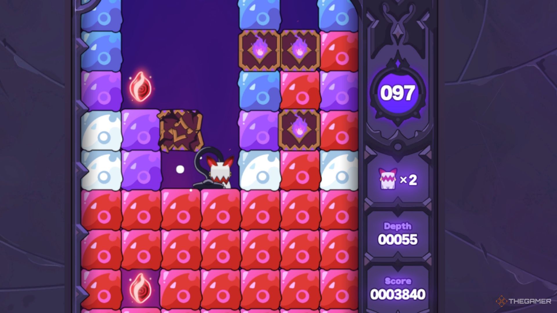 The player's hound is standing above multiple red blocks. 