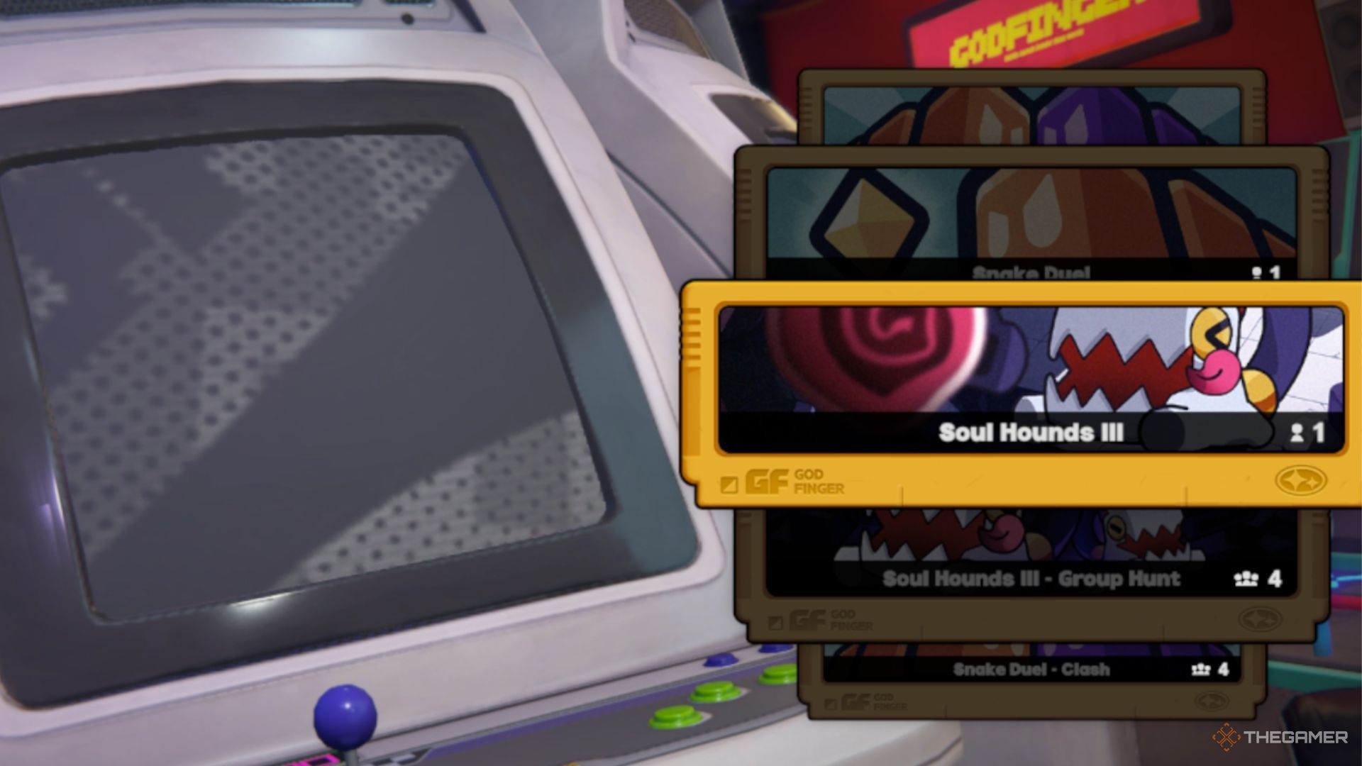 Soul Hounds III is selected in the Godfinger Arcade. 