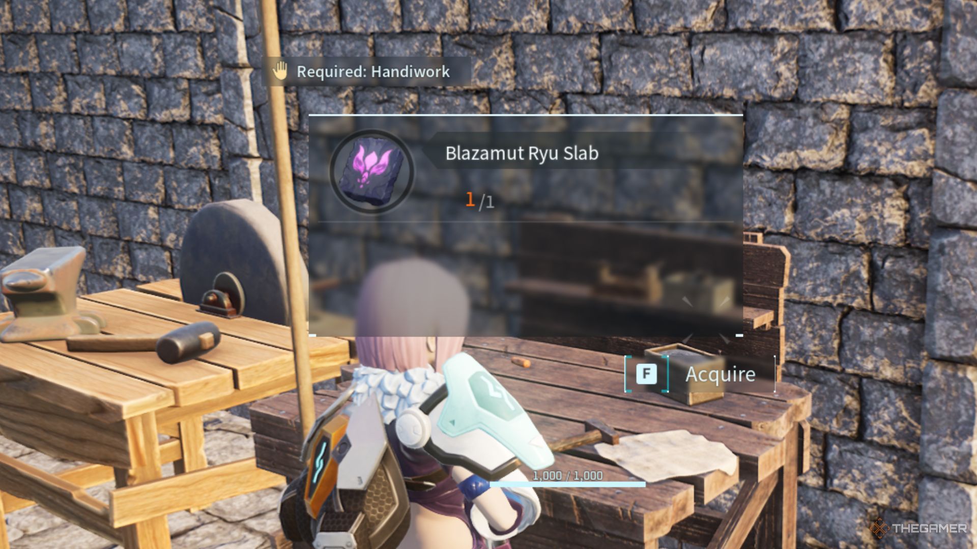 The player is crafting a Blazamut Slab at the Primitive Workbench. 