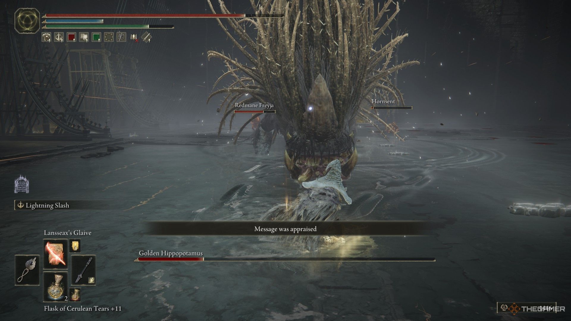 Message is appraised notification flashes as player fights the Golden Hippopotamus with Hornsent and Freyja in Elden Ring: Shadow of the Erdtree.