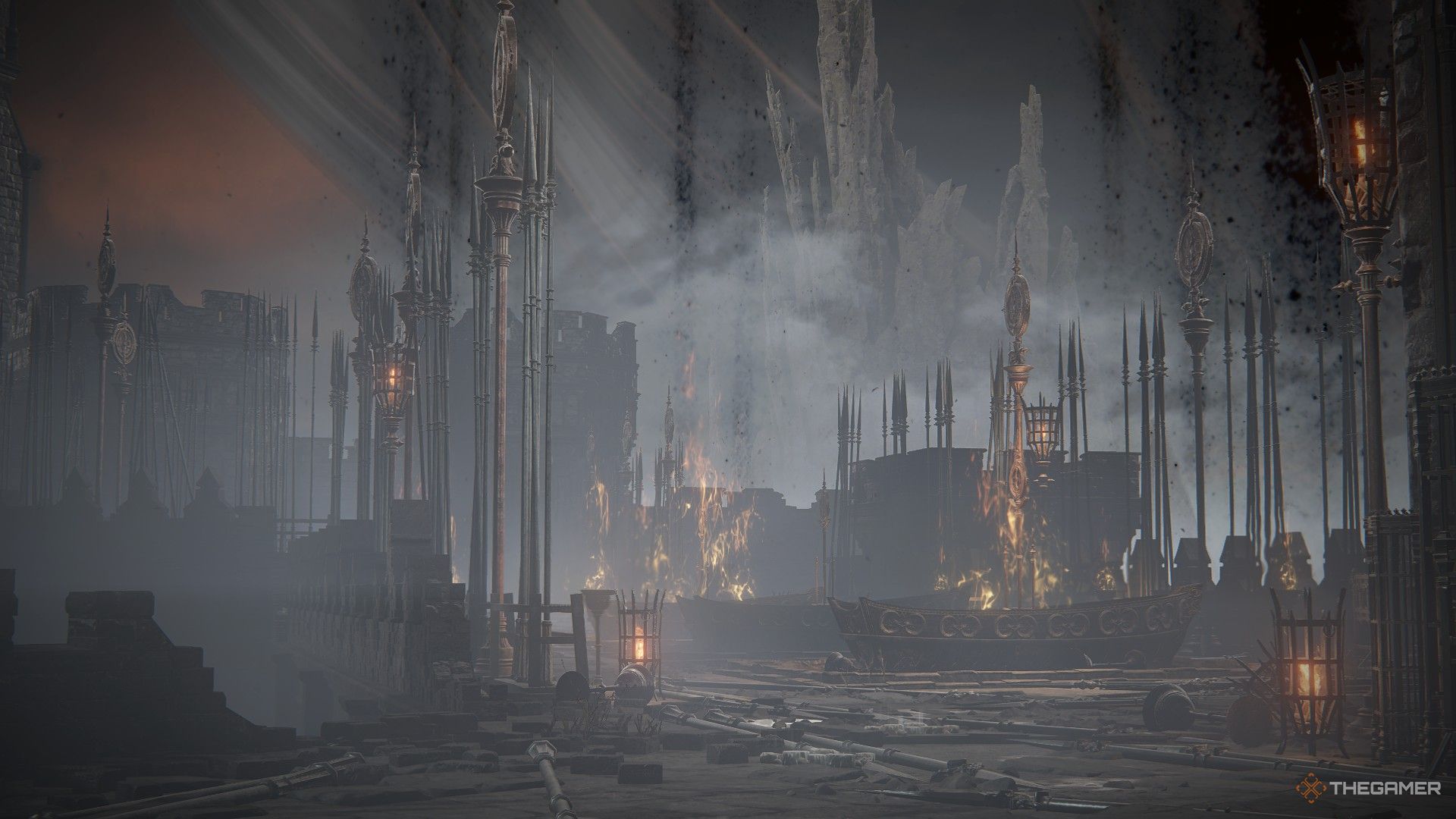 Scenic screenshot of the flaming pyre boats of the Shadow Keep in Elden Ring: Shadow of the Erdtree.