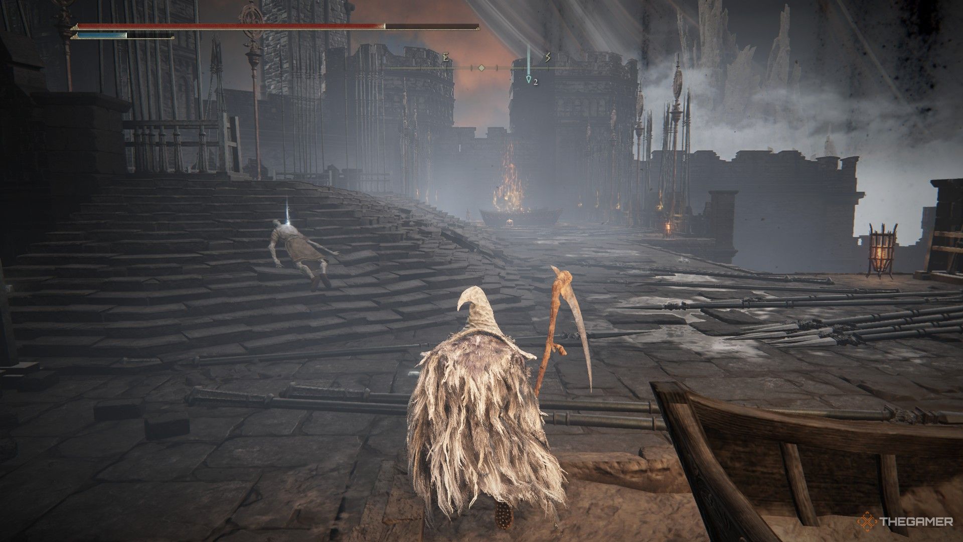 Player crouches and walks among the pyre boats in Shadow Keep near the shortcut hill in Elden Ring: Shadow of the Erdtree.