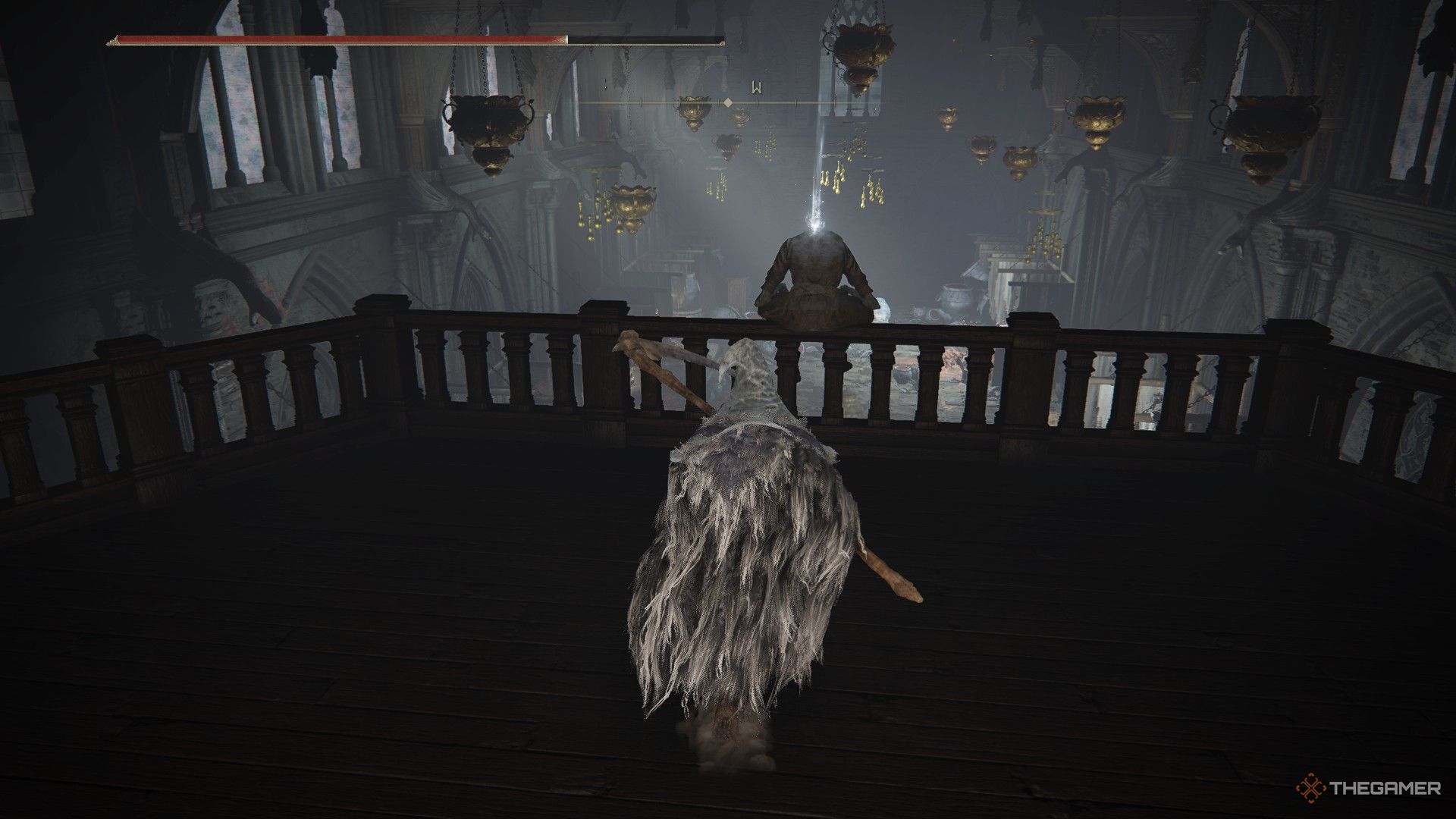 Player finds a corpse laying over the railing holding the Ash of War: Wall of Sparks in Elden Ring: Shadow of the Erdtree.