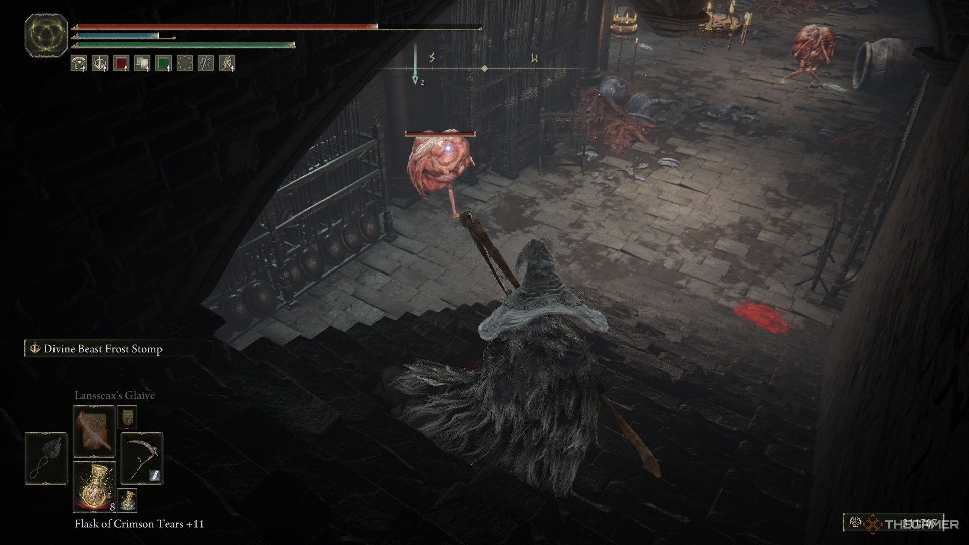 Player crouches on stairs above a room guarded by two jar innards in Elden Ring: Shadow of the Erdtree.