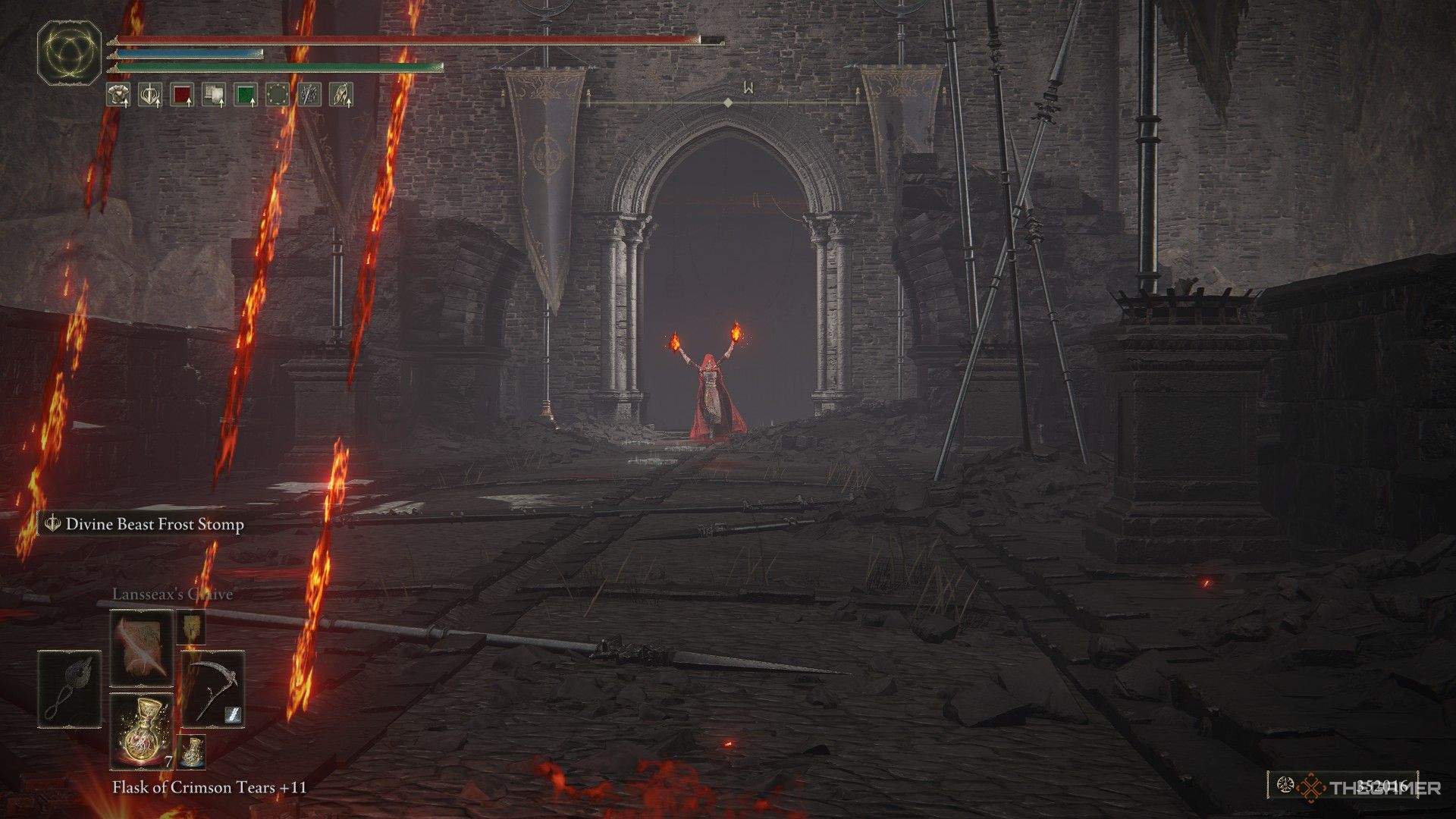 Fire Knight casts Rain of Fire on the player in Shadow Keep in Elden Ring: Shadow of the Erdtree.