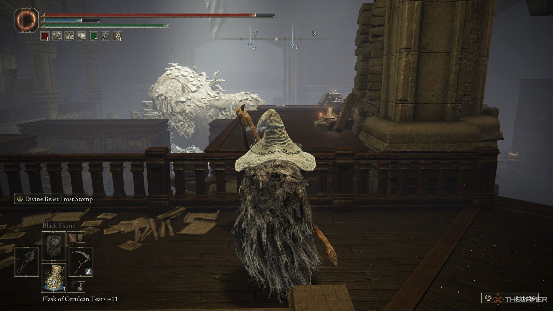 Player looks over the top of bookshelves to the location of the Revered Spirit Ash atop the specimen in Elden Ring: Shadow of the Erdtree.