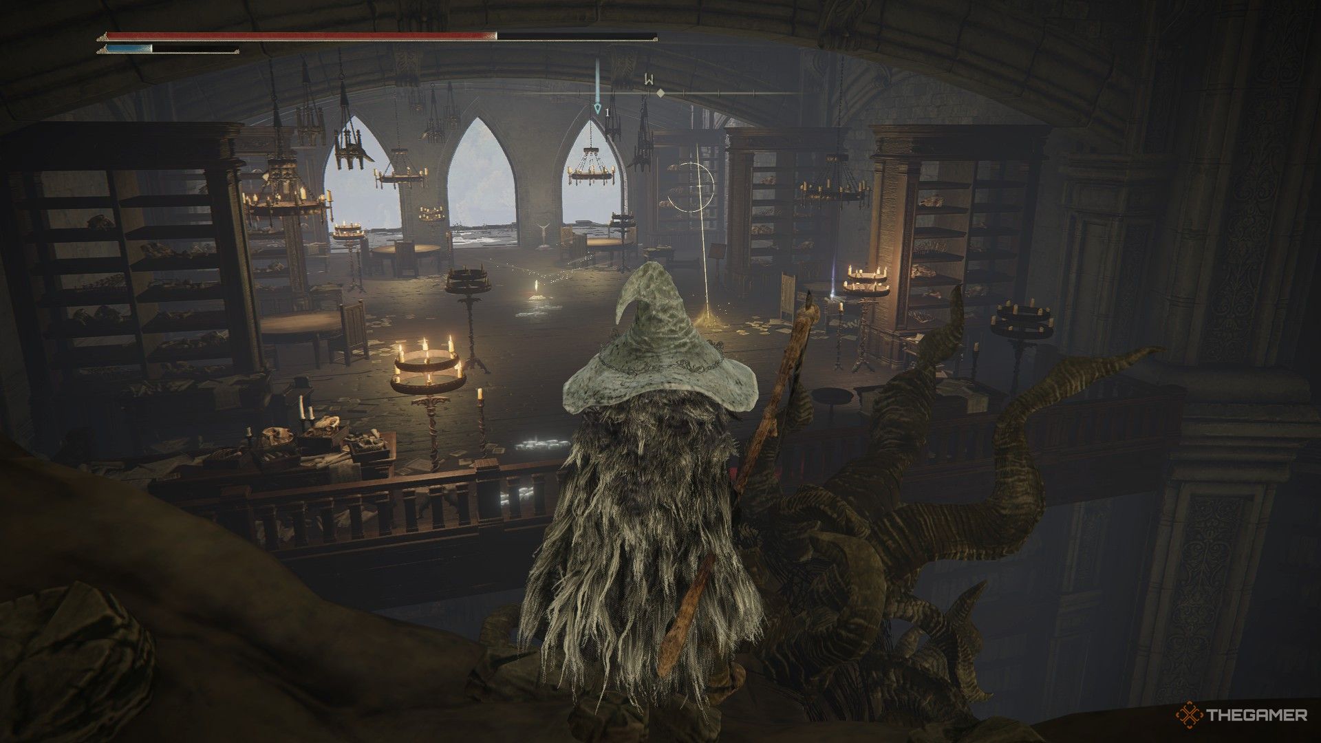 Player stands on statues and locates the Fourth Floor Site of Grace in Shadow Keep in Elden Ring: Shadow of the Erdtree.