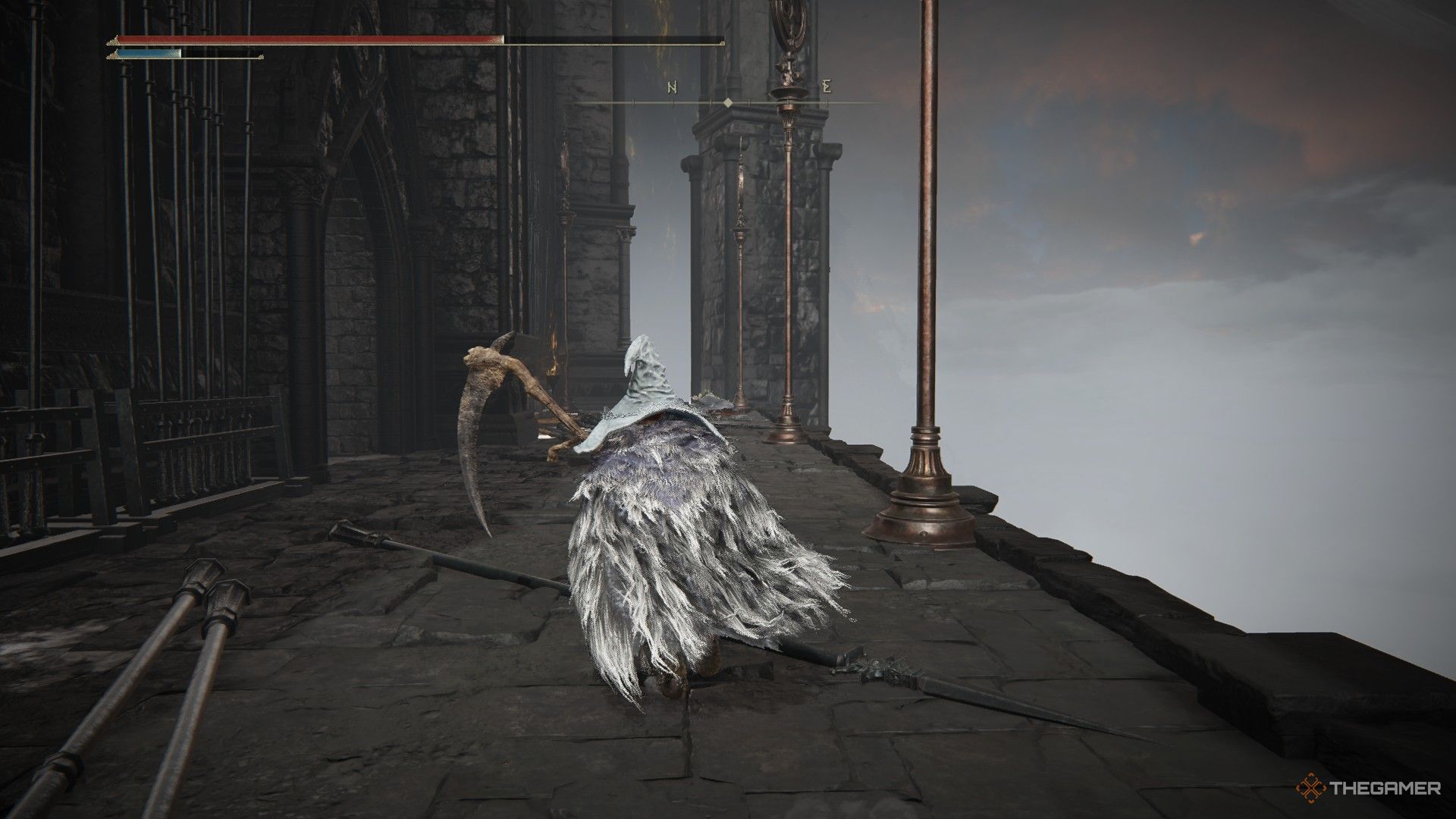 Player runs toward door back into Shadow Keep from the Seventh Floor exterior section in Elden Ring: Shadow of the Erdtree.