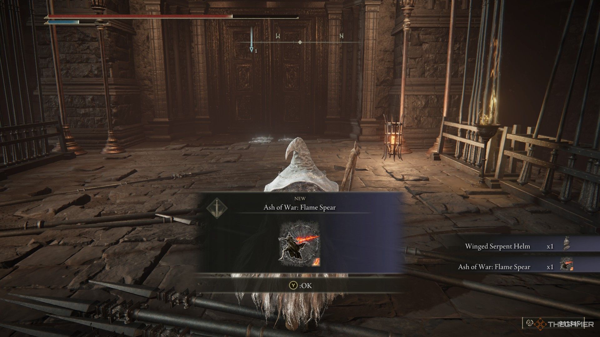 Player receives the Flame Spear ash of war from a Fire Knight in Shadow Keep in Elden Ring: Shadow of the Erdtree.