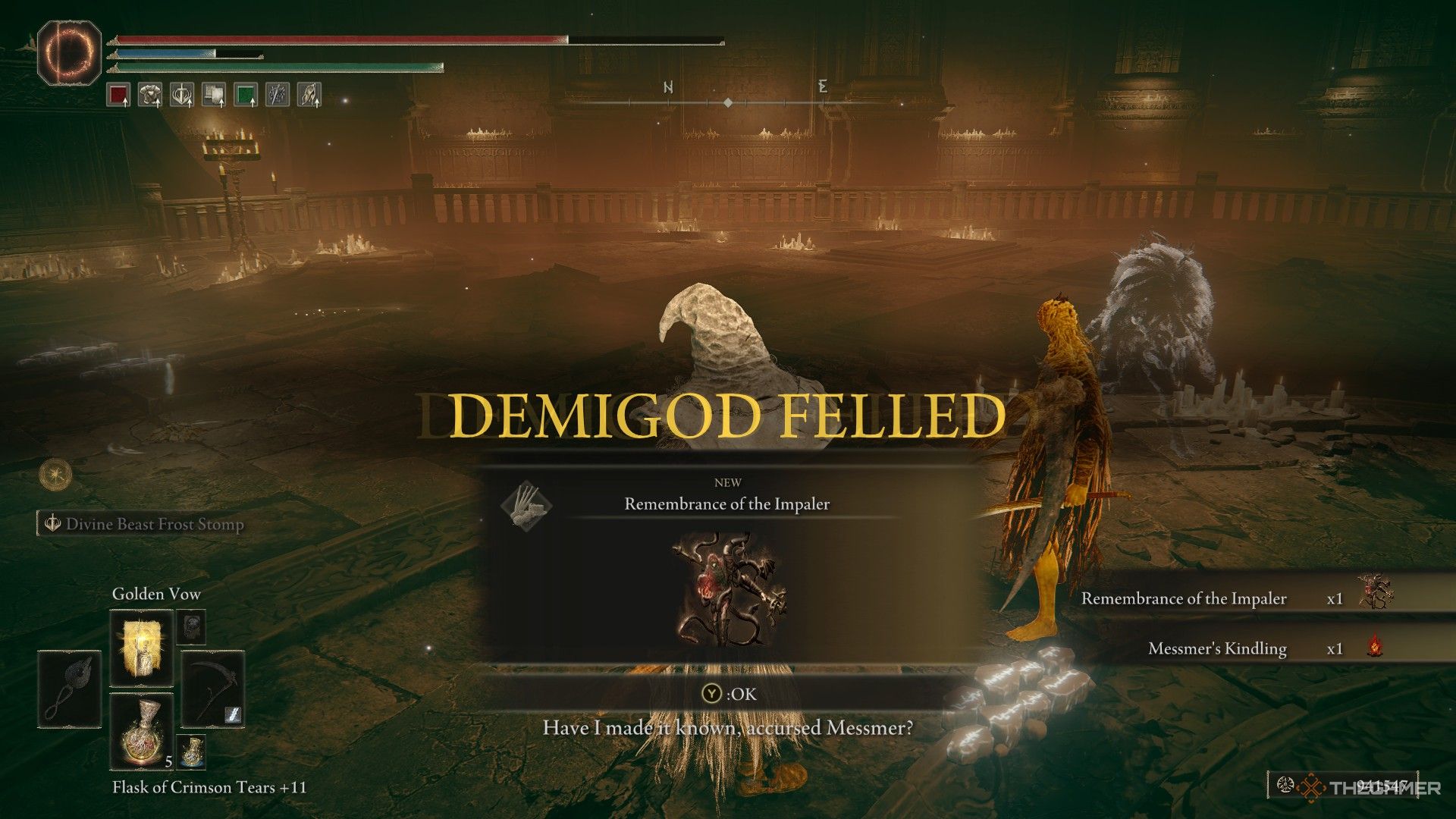 Player defeats Messmer and received the Remembrance of the Impaler in Elden Ring: Shadow of the Erdtree.
