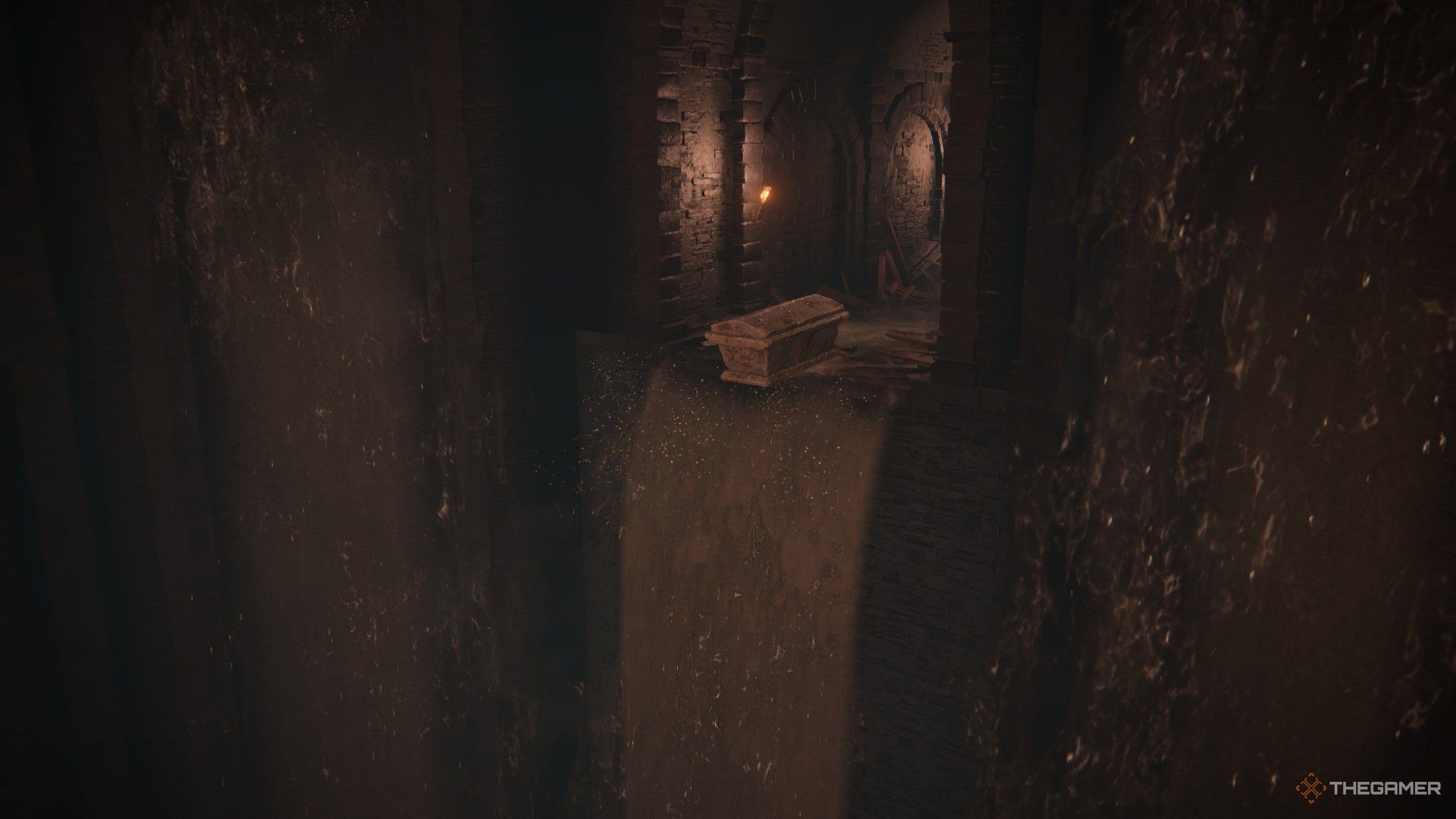 Cutscene plays of the player riding a coffin down a waterfall to the Ruins of Unte under Shadow Keep in Elden Ring: Shadow of the Erdtree.