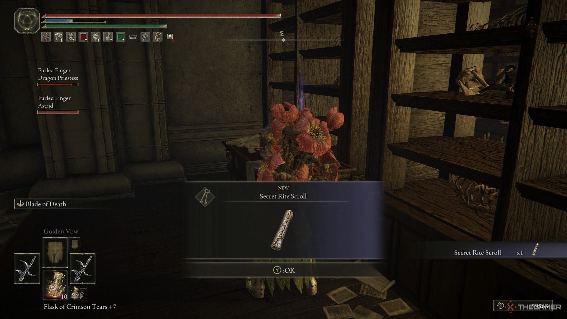 Player picks up the Secret Rite Scroll in the Shadow Keep in Elden Ring: Shadow of the Erdtree.
