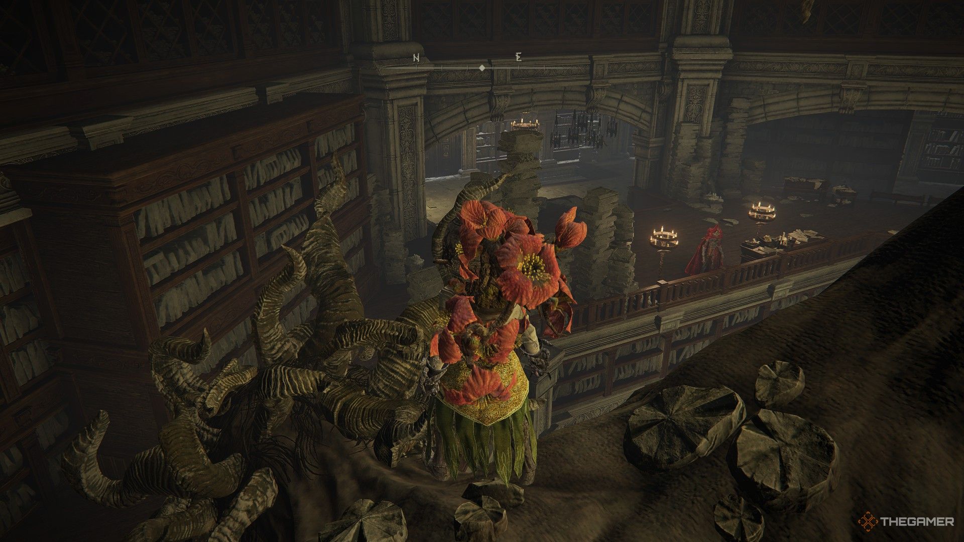 Player climbs the statue near the Fourth Floor Site of Grace in Shadow Keep after moving the mechanism in Elden Ring: Shadow of the Erdtree.