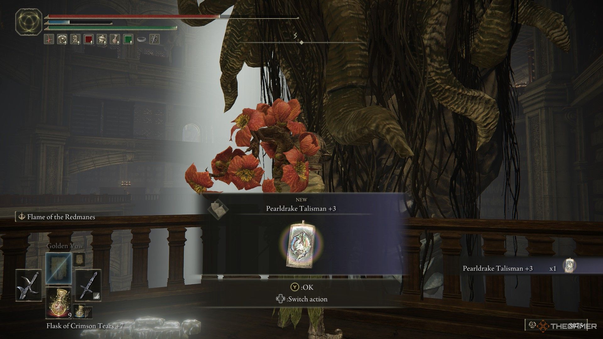 Player picks up the Peardrake Talisman +3 in the Shadow Keep in Elden Ring: Shadow of the Erdtree.