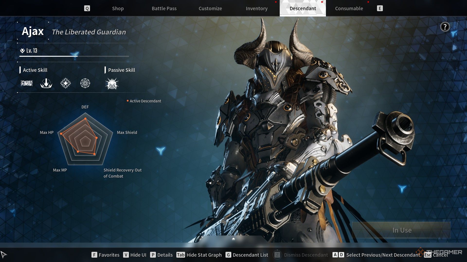 Ajax, the Liberated Guardian's stat graph in The First Descendant