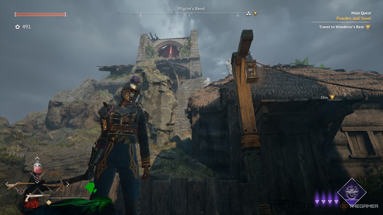 Nor lokos up at the Inaya Shrine atop the ruined watchtower in Pilgrim's Bend in Flintlock: The Siege of Dawn