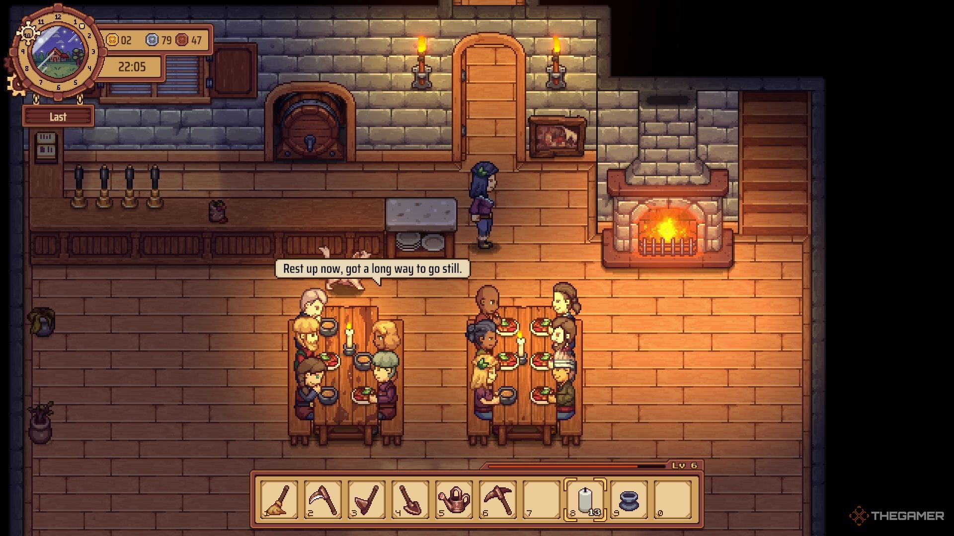 Two tables are loaded with customers in your tavern in Travellers Rest. 