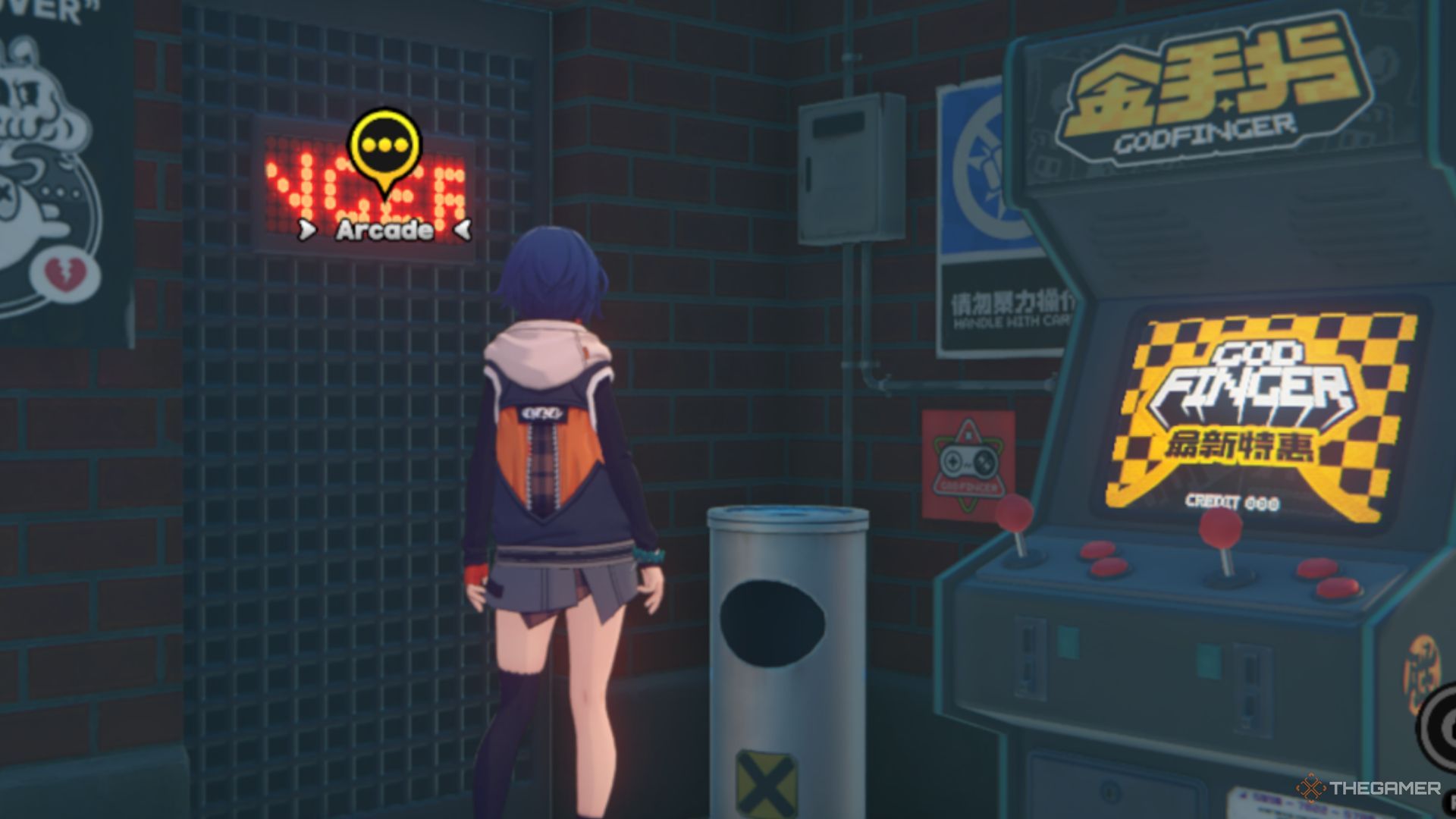 The player is standing in front of the arcade. 